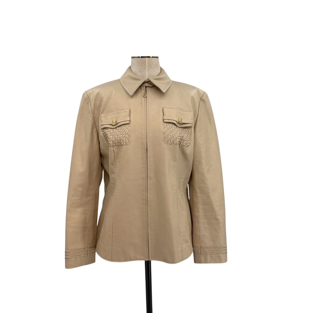 St‎ John Sport Leather Jacket Tan Woven Detail Zip Front Womens Medium
